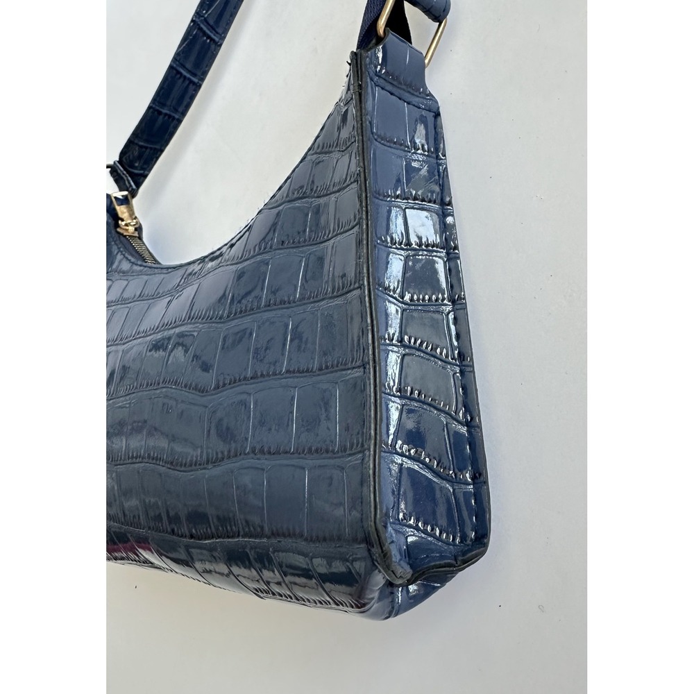 Y2K Navy Blue Croc Embossed Patent Faux Leather Shoulder Bag Going Out Party - Picture 8 of 12